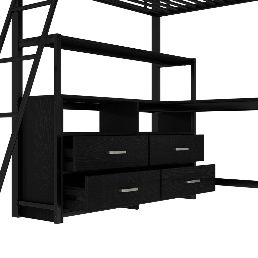 LETTO a soppalco 140x200 cm in metallo e MDF nero con scrivania a L