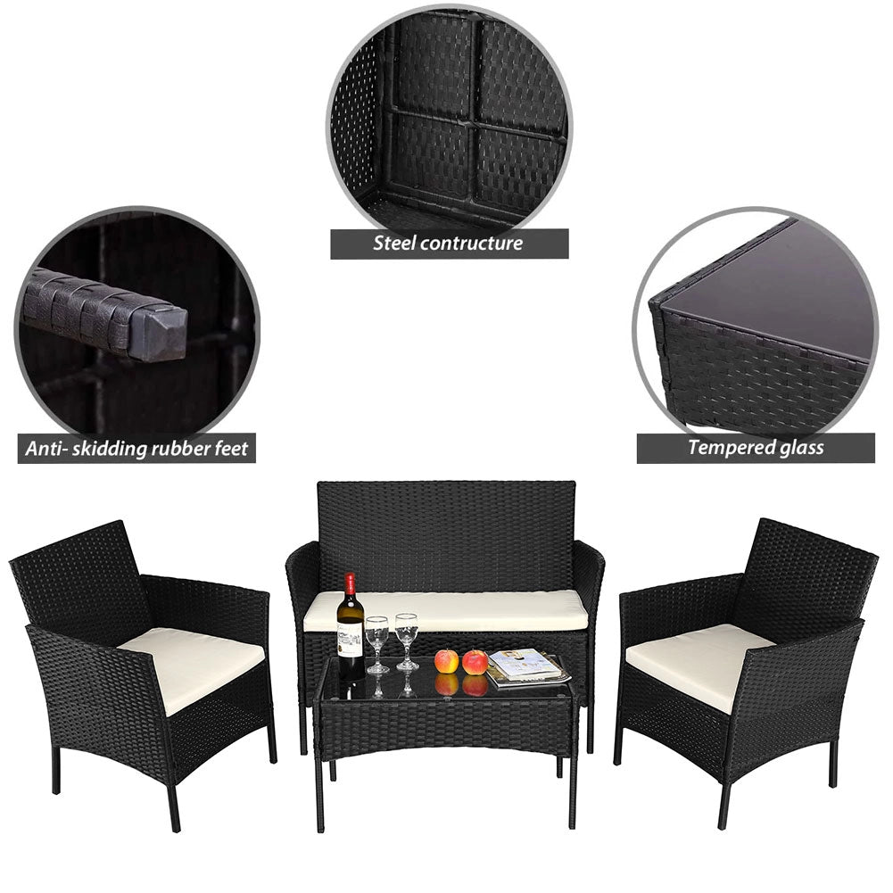 Set da Giardino 4pz in Polyrattan 2 Poltrone 1 Tavolino 1 Divano uso Esterno Nero
