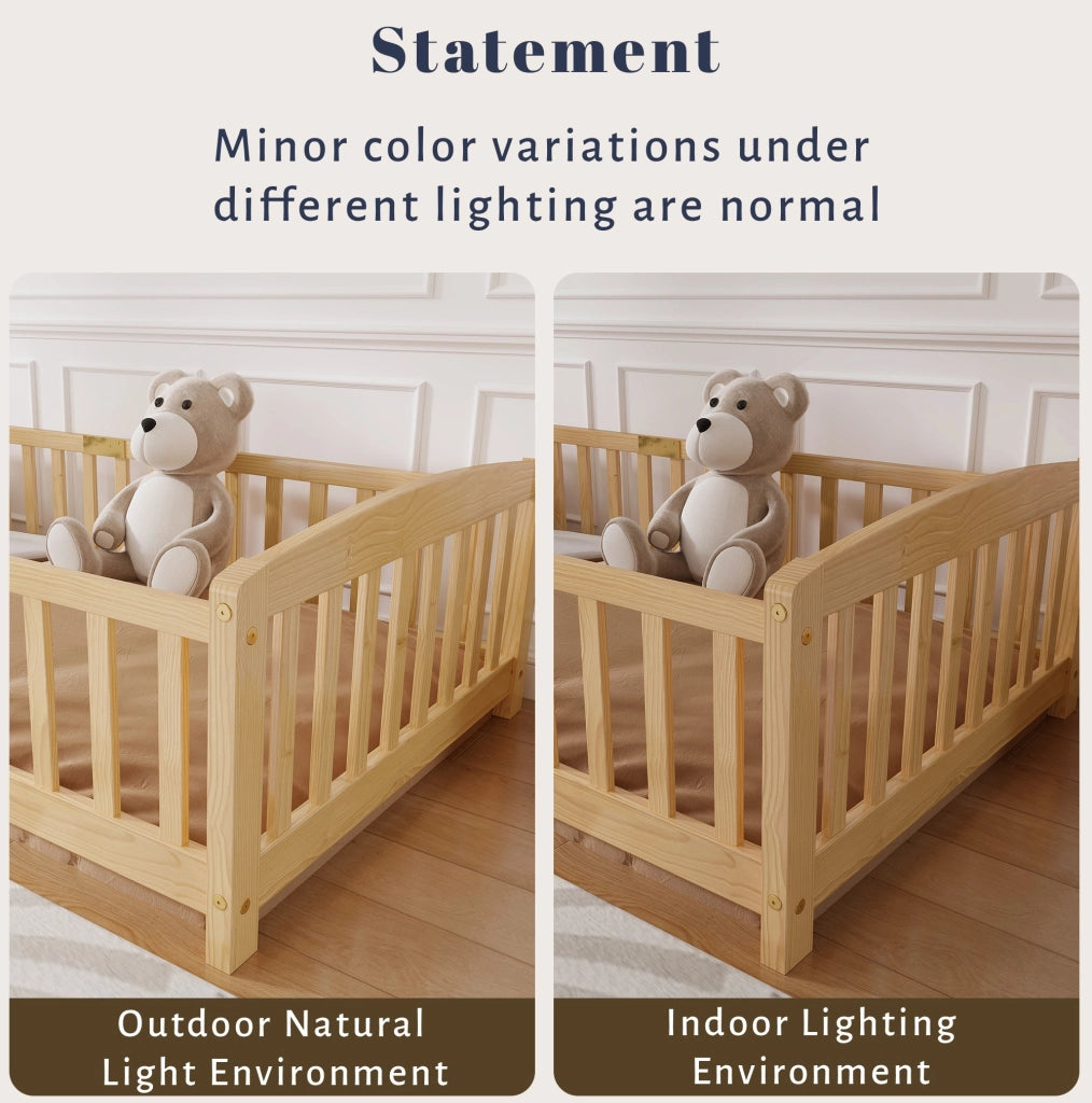 Lettino per bambini 90 x 200 cm, con spondine di sicurezza, senza piastra di base, colore del legno grezzo