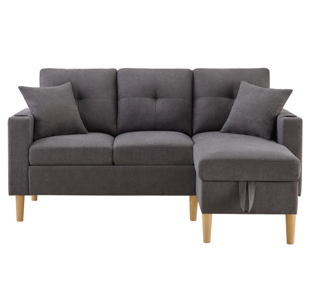 Divano 175x129x90 cm con chaise longue reversibile; contenitore e portabicchieri in cotone e lino grigio scuro