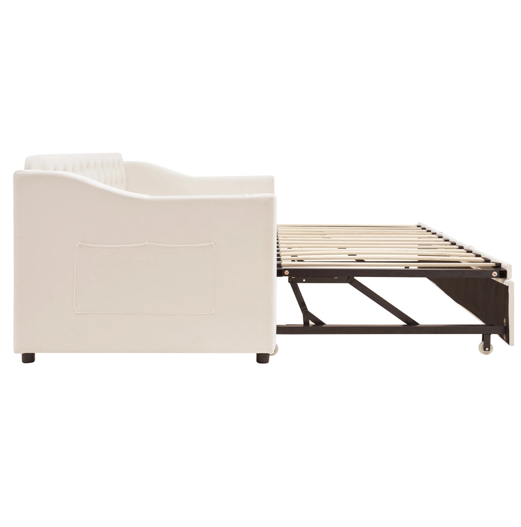 Divano letto imbottito 90x190/180x190 cm beige con USB