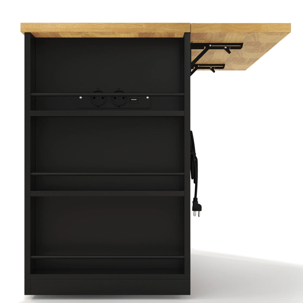 Isola da cucina mobile con piano ribaltabile, 3 cassetti, prese integrate e ripiani laterali, MDF