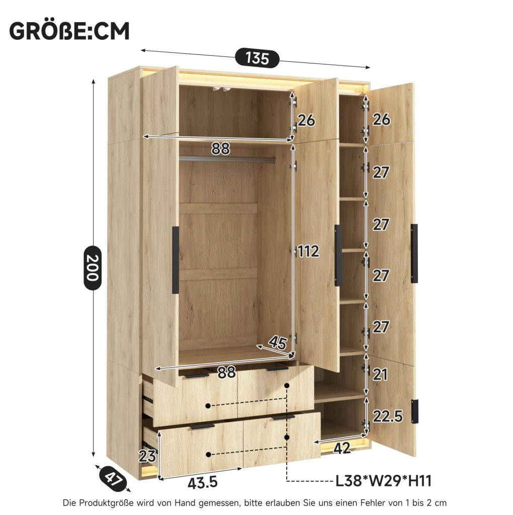 Armadio a 3 ante con specchio; LED; 4 cassetti e 135 x 47 x 200 cm in MDF