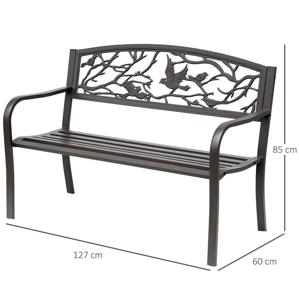 EasyComfort Panchina da giardino Impermeabile Acciaio e Ghisa per Esterni, Schienale con Decorazioni Motivo Naturale, 127x60cm, Marrone