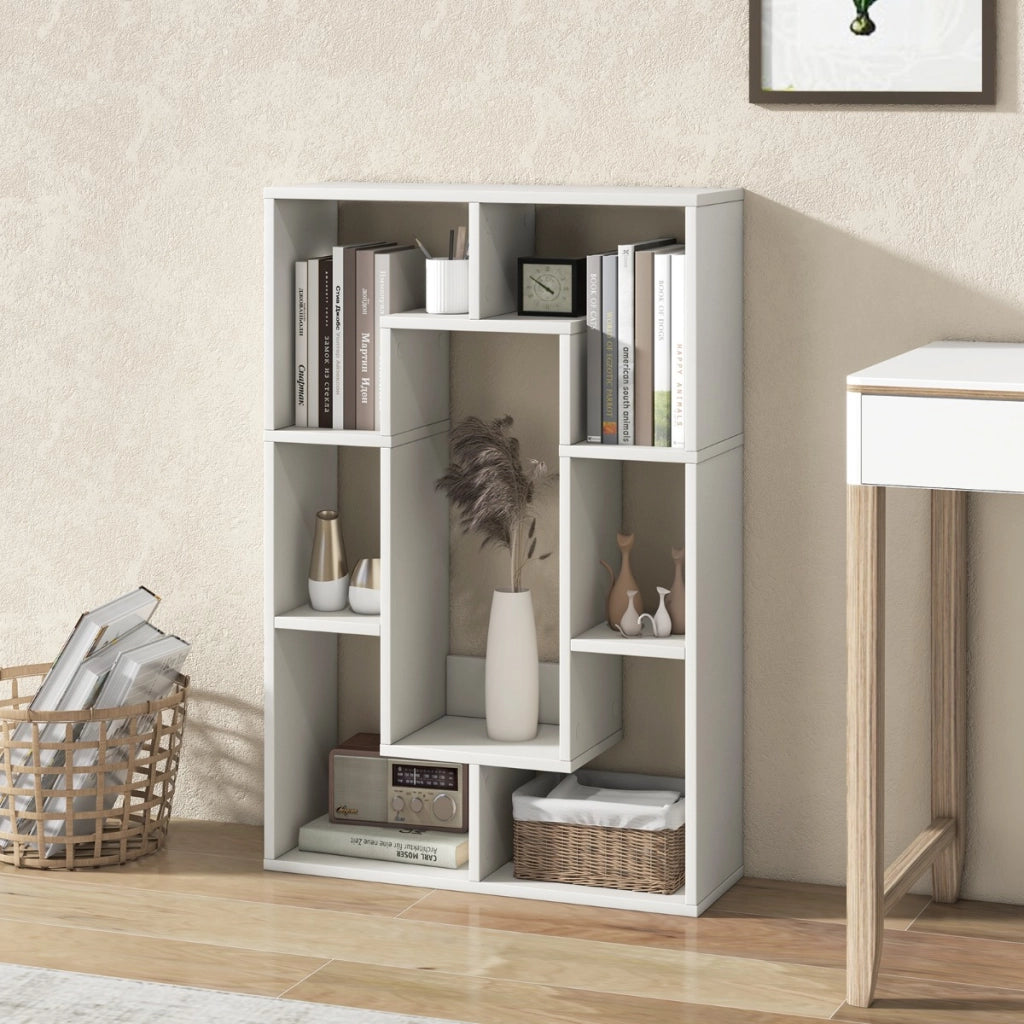 Libreria geometrica a 7 cubi, Moderna scaffale aperto da pavimento con dispositivo anti-ribaltamento per studio Bianco-Librerie