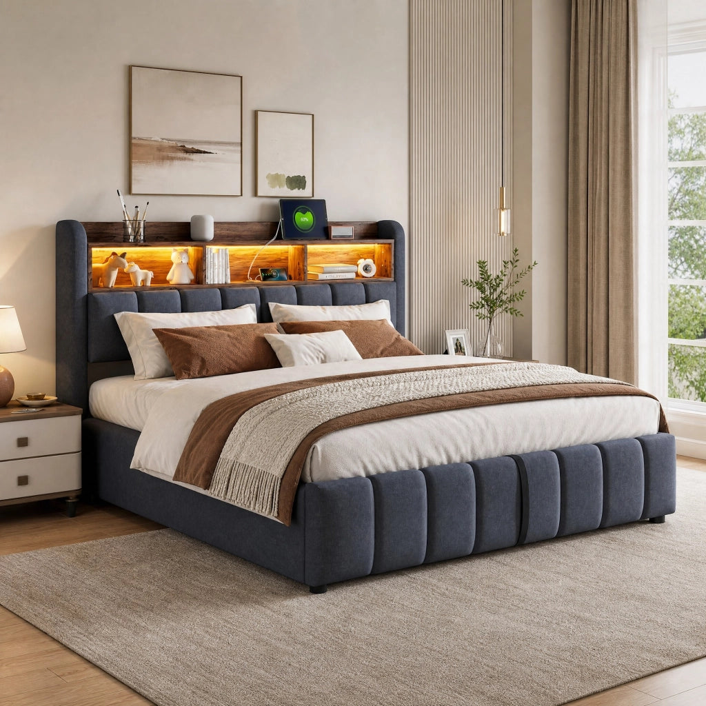 Letto matrimoniale imbottito 180x200 cm grigio con LED; USB e contenitore idraulico