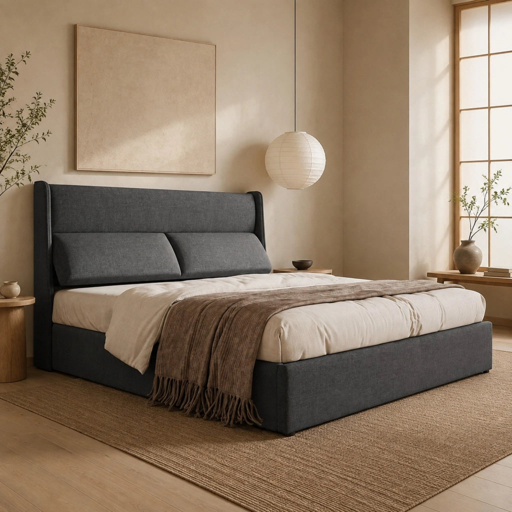 Letto imbottito matrimoniale 140x200 cm con testiera regolabile, contenitore idraulico, grigio