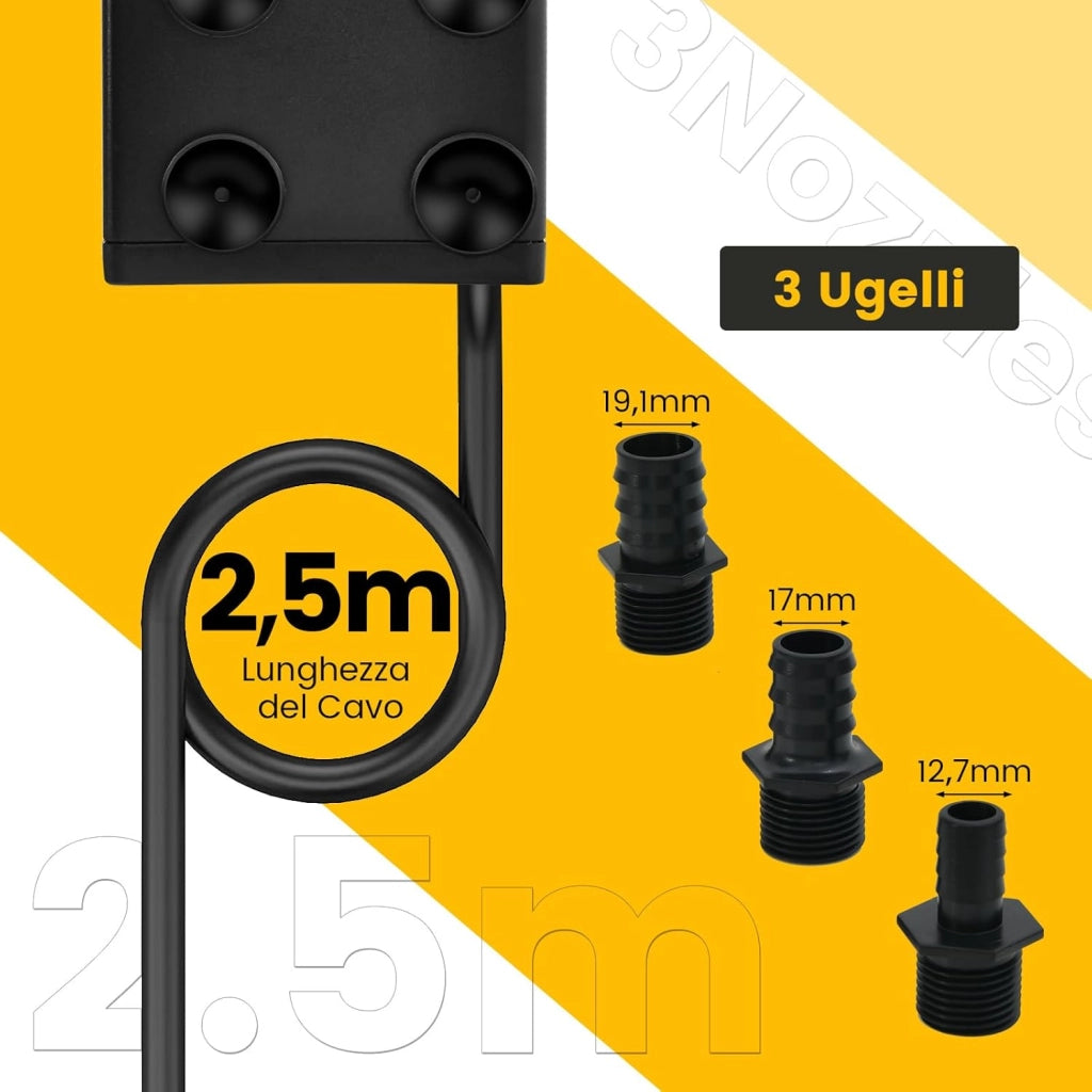 Pompa Sommergibile da 900L/H (22W)/1450L/H (30W), Pompa per Fontane con Sollevamento di 2,2/2,5 Metri, Cavo di Alimentazione da 1,83 Metri e 3 Ugelli per Acquari Idroponica Laghetto (1450L/H)