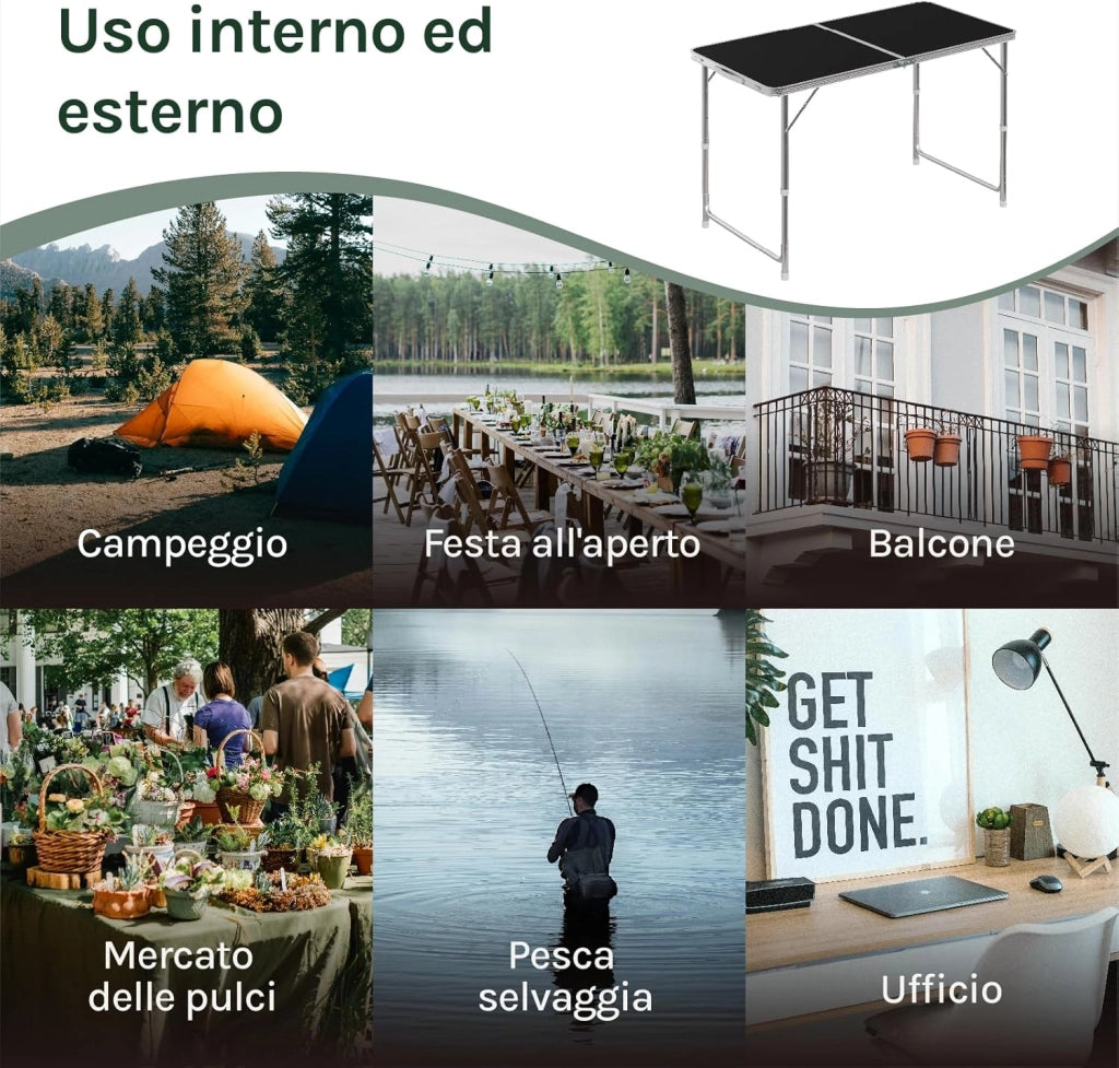 Tavolo da Campeggio Pieghevole Portatile con Maniglia per Picnic Giardino Altezza Regolabile in Alluminio MDF 120x60x55/70cm