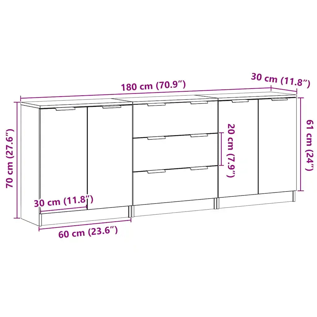 vidaXL Credenze 3 pz Rovere Artigianale 60x30x70 cm Legno Multistrato