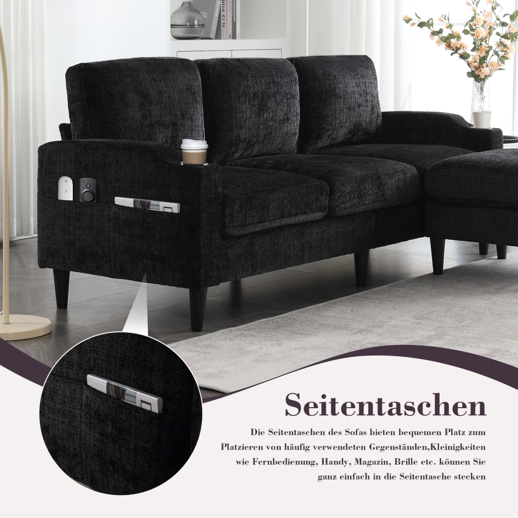 OKWISH Divano Modulare 4 Posti con Pouf Contenitore, Portabicchieri e Tasche Laterali, Ciniglia Nero