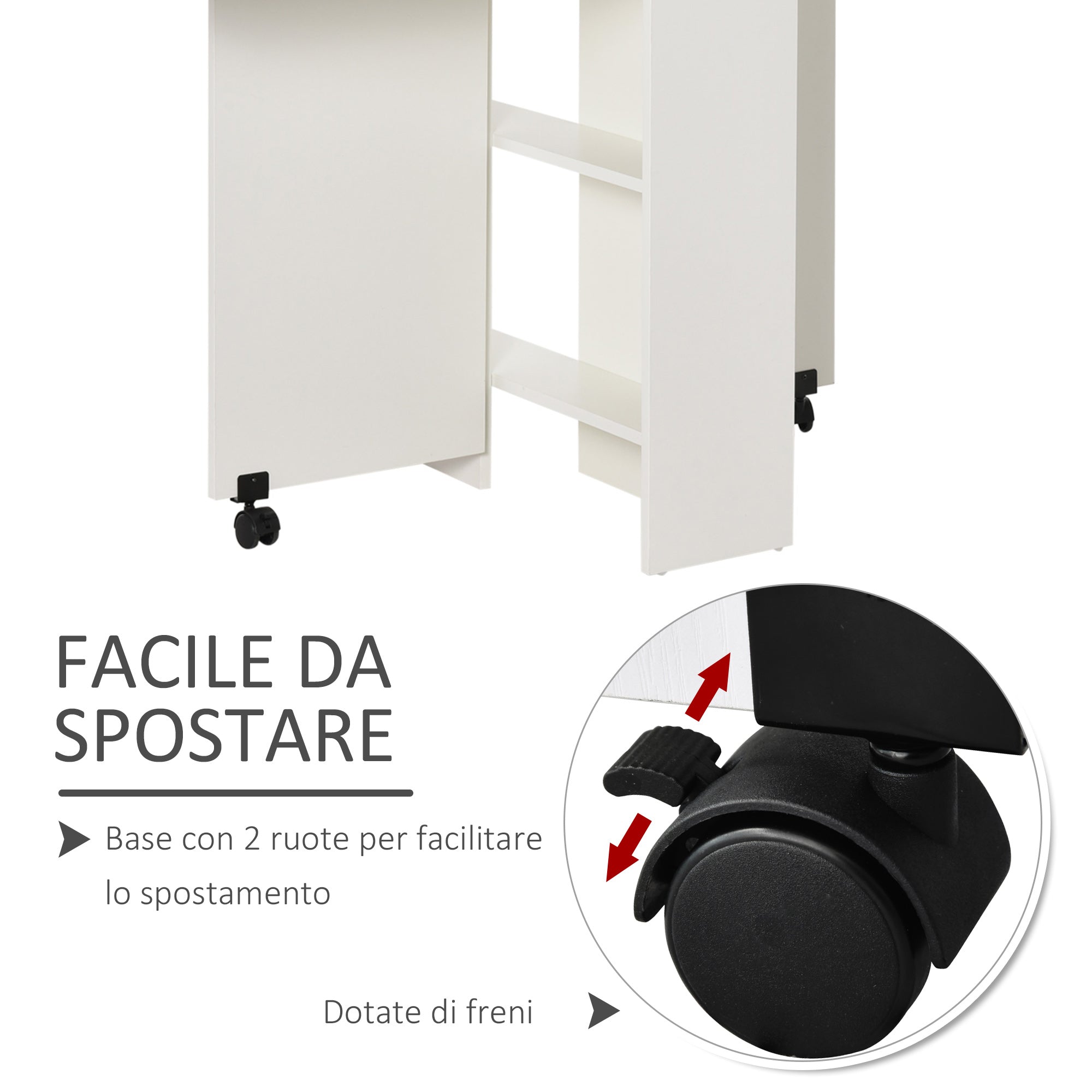 Tavolo Pieghevole Salvaspazio in Legno Bianco con Ruote