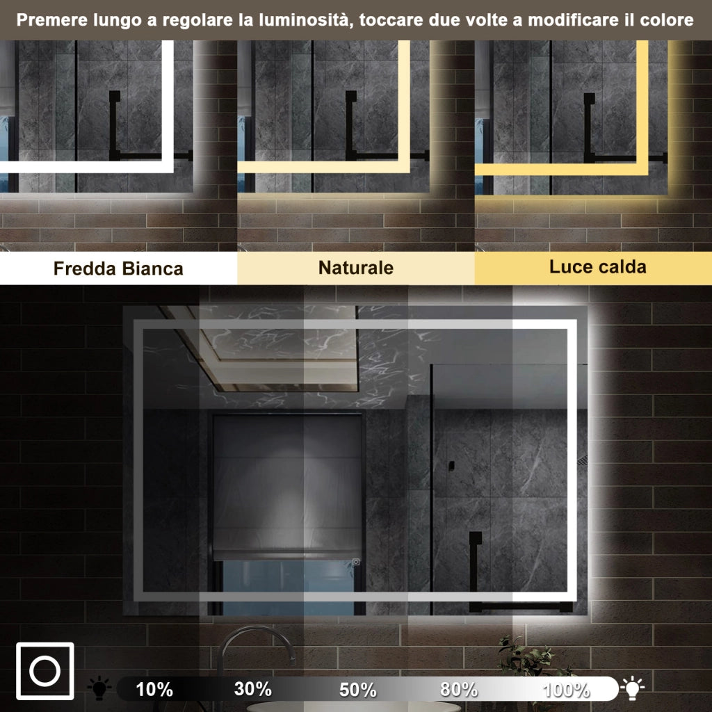 specchio rettangolare 120 x 80 cm con luce led antiappannamento e touch, 3 colori