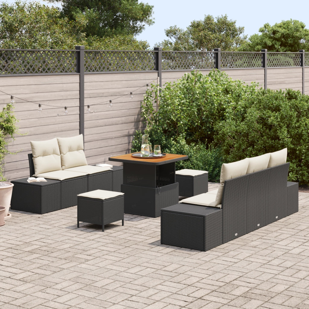 Set di Divani da Giardino 8 Pezzi con Cuscini Neri in Polyrattan e Acacia