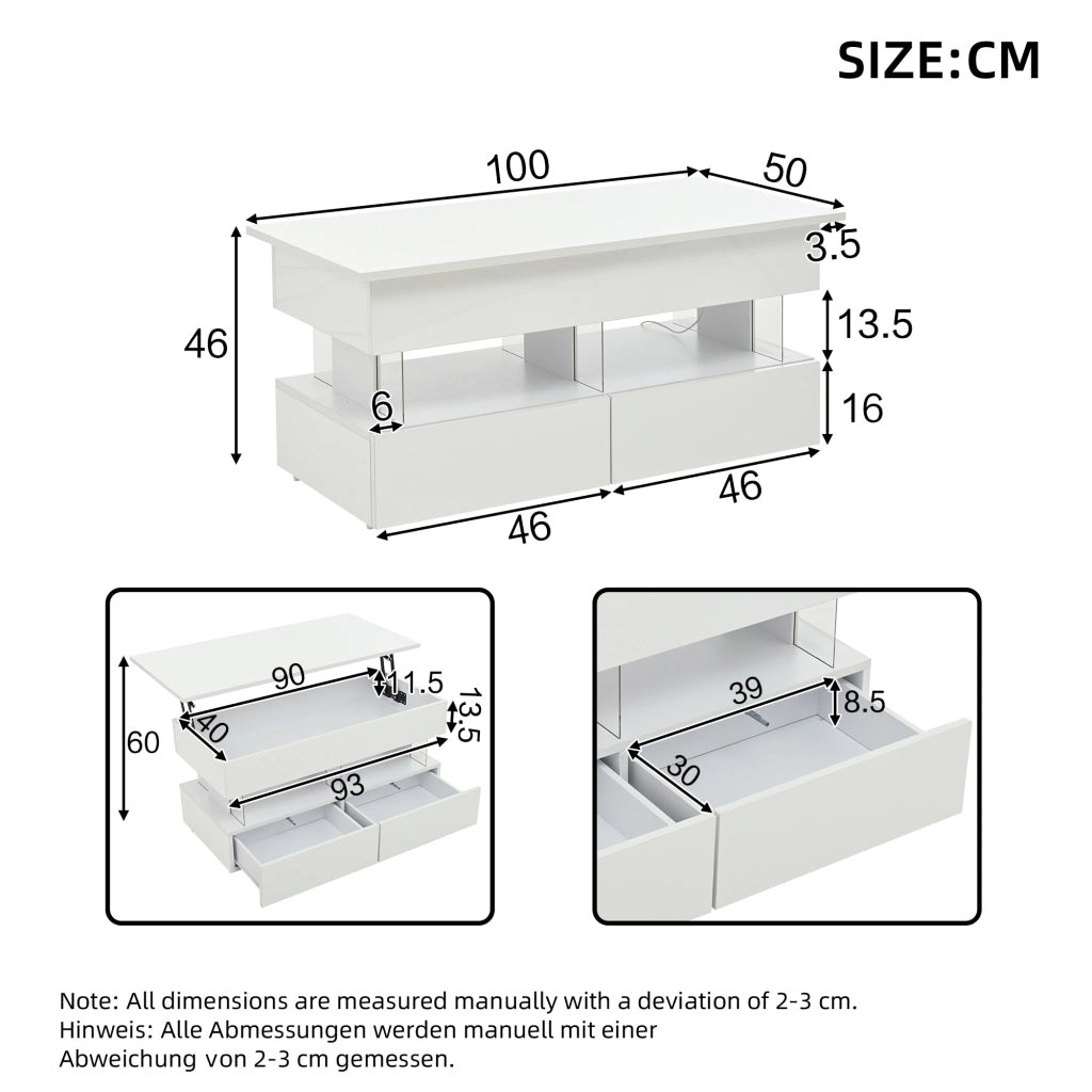 Tavolino basso sollevabile con LED, 2 cassetti e vano nascosto, per soggiorno, 100 × 50 × 46 cm, in MDF, bianco