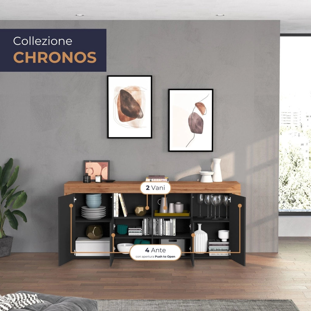 WHOUS Credenza Chronos 4 ante e 2 vani antracite opaco e rovere 200x40x85 cm