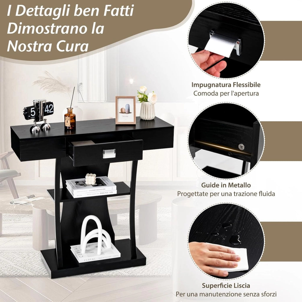 Consolle in Legno, Tavolo Ingresso Con Cassetti, Ripiani e 2 Kit Anti-ribaltamento, Multiuso e Salvaspazio per Salotto, Camera da Letto e Corridoio, 91 x 30 x 88 cm (Nero)