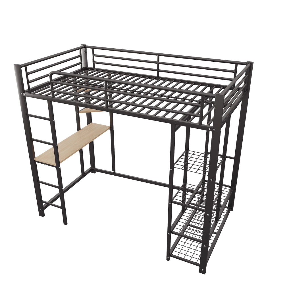 Letto a soppalco 90x200 cm in metallo nero con scrivania, scaffali e armadio laterale