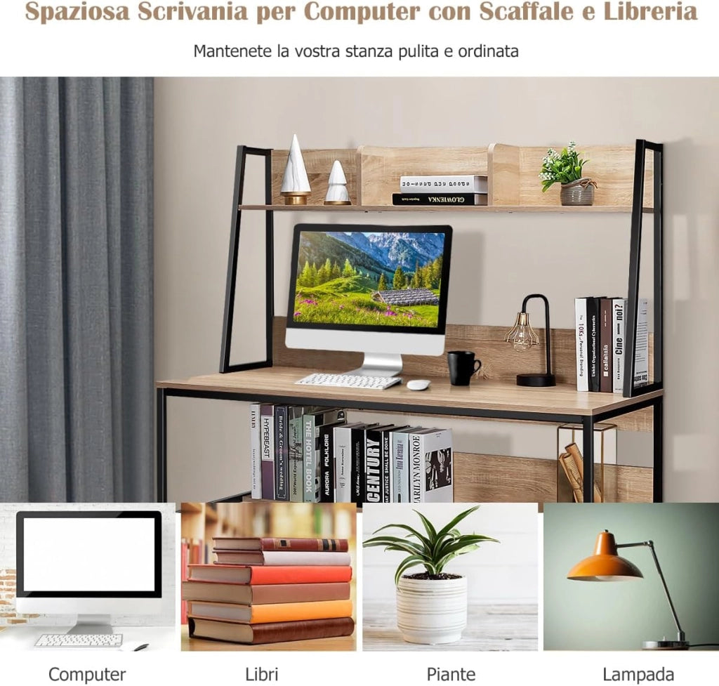 Scrivania con Libreria e Ripiano, Scrivania Salvaspazio per PC Portatile con 3 Scomparti e Ripiano Aperto, Scrivania per Ufficio e Casa, 120 x 57 x 140 cm (Naturale)