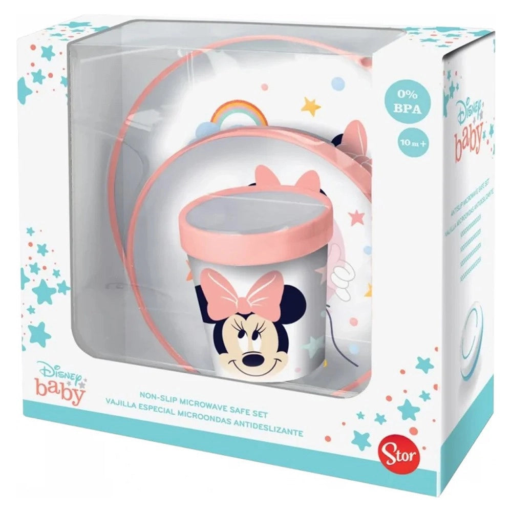 Trade Shop - Set Pappa Minnie Mouse Bicchiere Piatti Antiscivolo Rosa Bambini Prima Pappa -