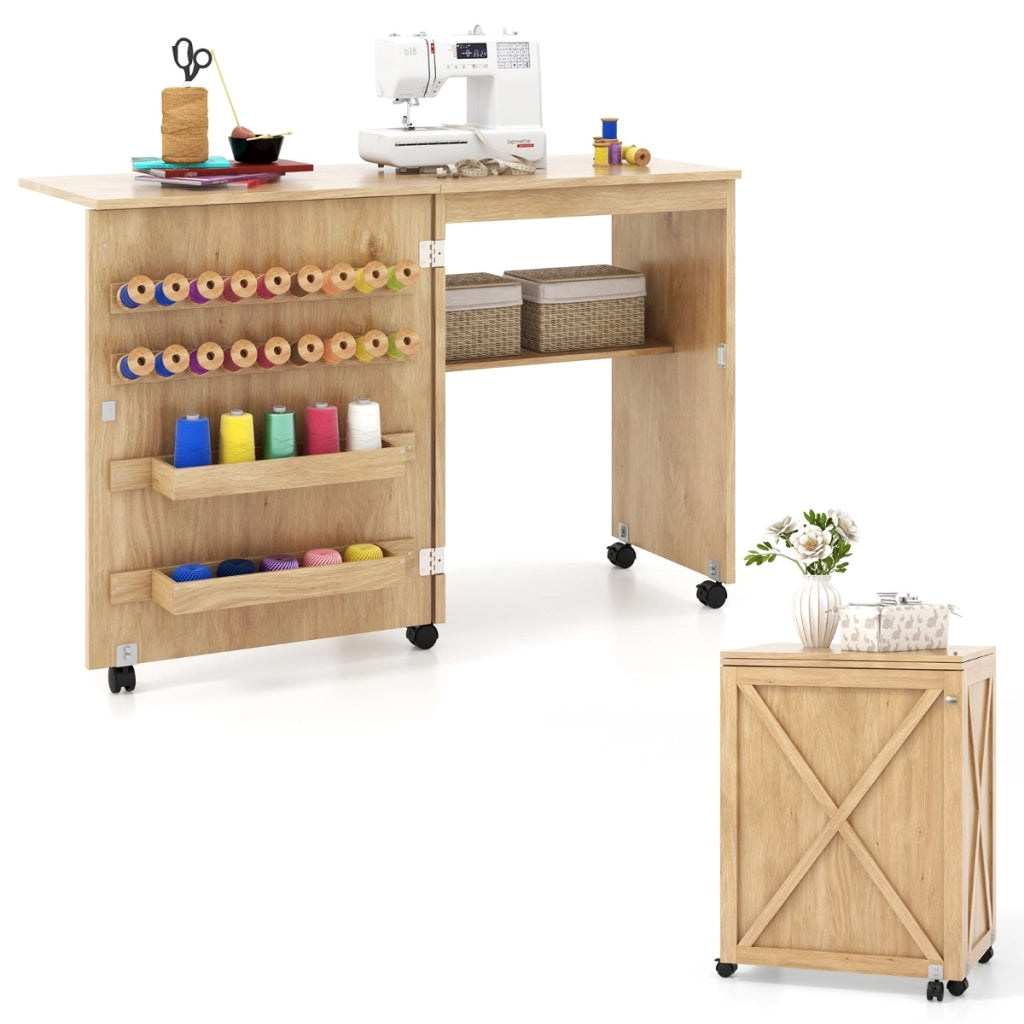 Tavolo da cucito pieghevole con ripiano di stoccaggio 5 ruote 2 vassoi e 18 ganci-Tavolo multifunzione compatto Naturale