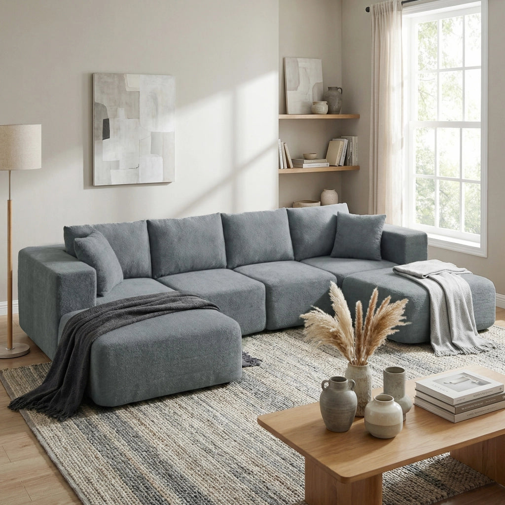 Divano Modulabile ad Angolo in Tessuto Effetto Velluto e Schiuma con Cuscini, 294x165x70 cm, Grigio Scuro