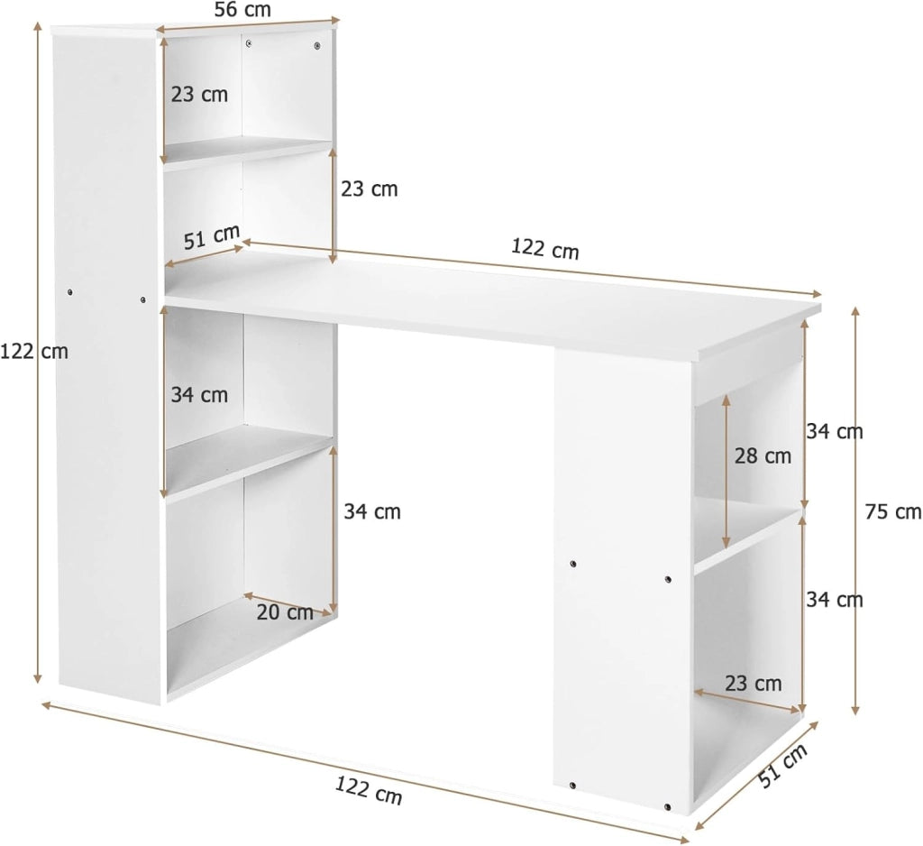 Scrivania con libreria, scrivania per computer, tavolo da ufficio con ripiano laterale destro o sinistro, tavolo da lavoro, 6 ripiani, tavolo da gioco, tavolo per computer portatile, in legno