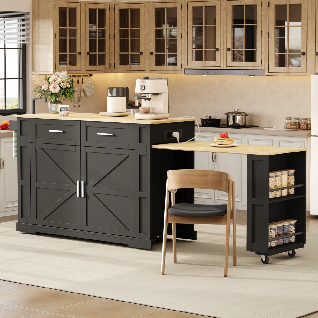 Isola cucina mobile con piano estraibile e prese USB, nero/rovere