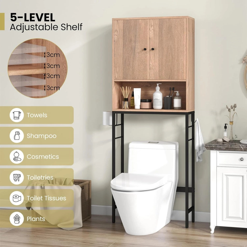 Armadio per Stoccaggio Sopra il WC, Organizzatore da Bagno con Armadietto a Doppia Porta, Scomparto Aperto, Mensola Regolabile a 5 Livelli e Barra Inferiore Regolabile (Naturale)