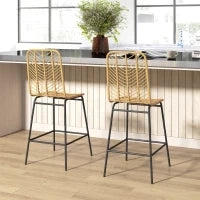 Set di 2 Sgabelli da Bar, Design Bohémien, Altezza 66 cm, con Poggiapiedi, in Metallo e PE, Naturale