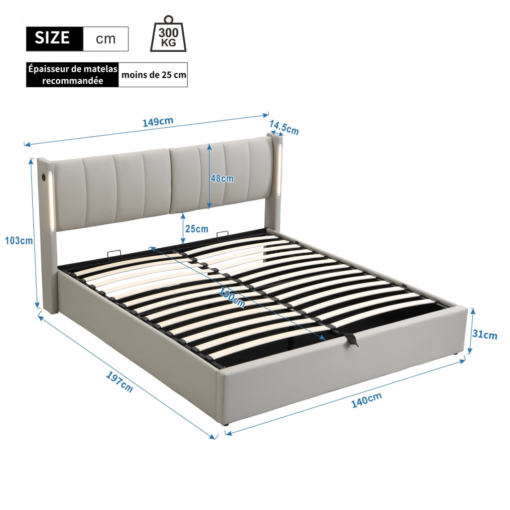 Letto matrimoniale 140x190 cm in PU grigio con LED; USB Type-C e contenitore