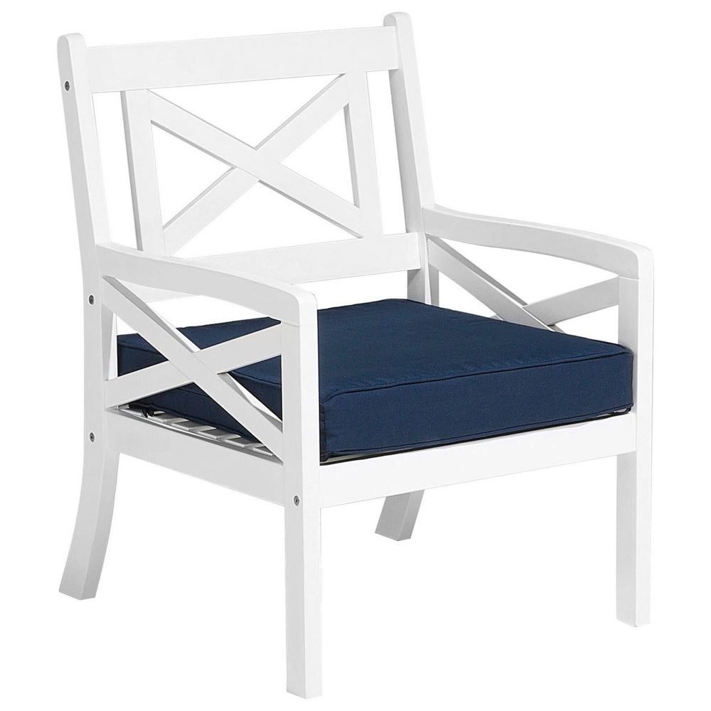 Sedia da Giardino in Legno di Acacia Bianco con Cuscino di Seduta Blu costiero
