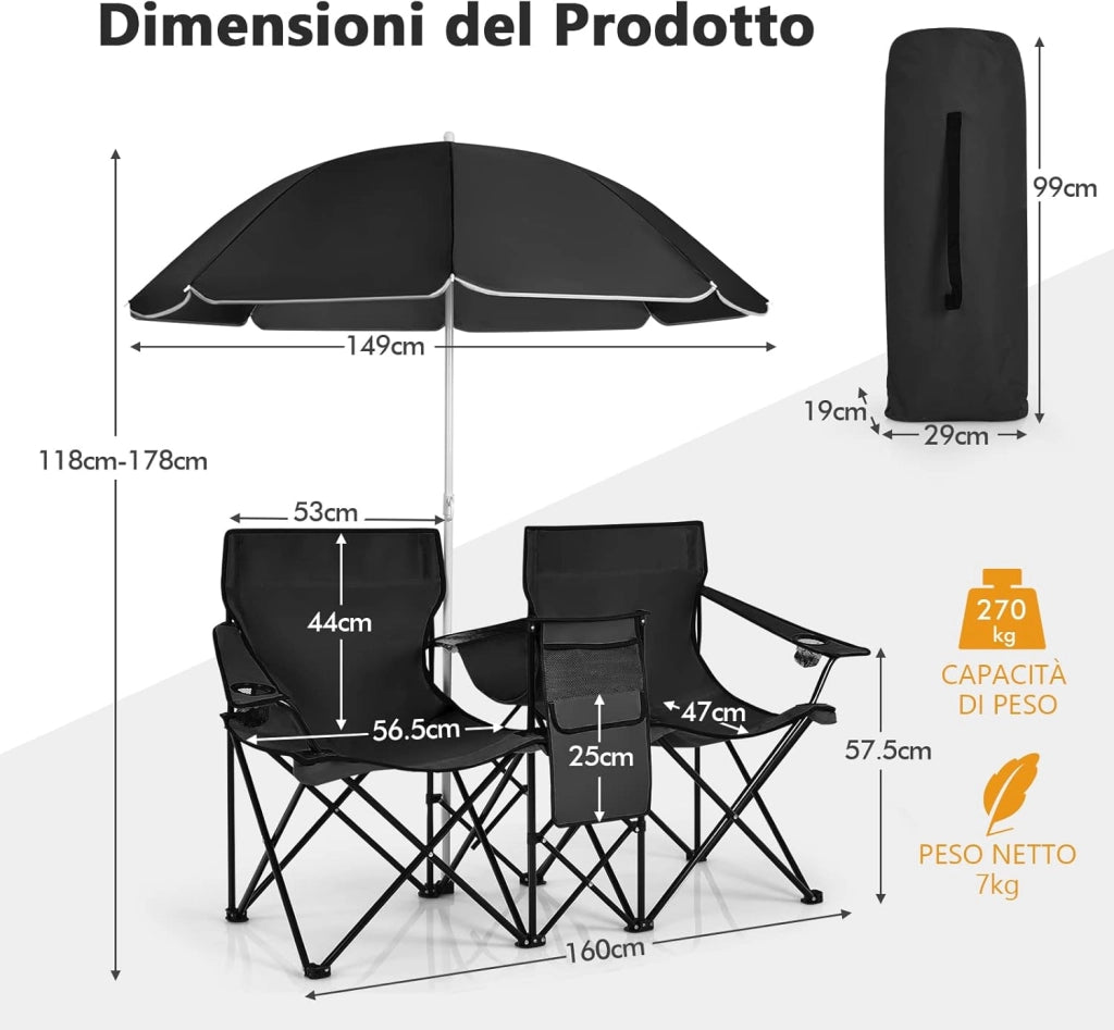 Set di 2 Sedie da Campeggio Pieghevoli, con Ombrellone e Tavolino Contenitore, Resistente e Leggero, Capacità 113 kg (nero)