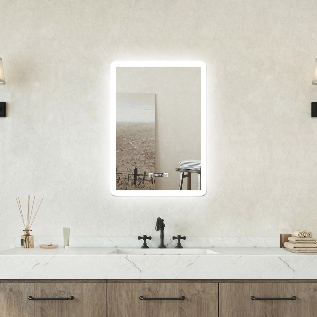 Specchio bagno Rettangolare 50x70cm Led Con 3 Luci + Orologio + Antiappannamento