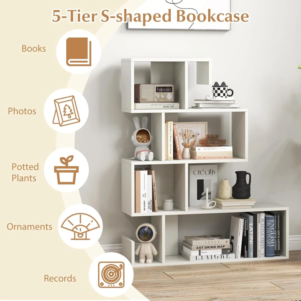 Libreria a Forma di Mossa con 5 Livelli, Scaffale Aperta a Forma di S in Legno, Libreria Divisoria con Protezione Anti-Ribaltamento per Soggiorno, Studio, 80 x 22 x 100 cm (Bianco)