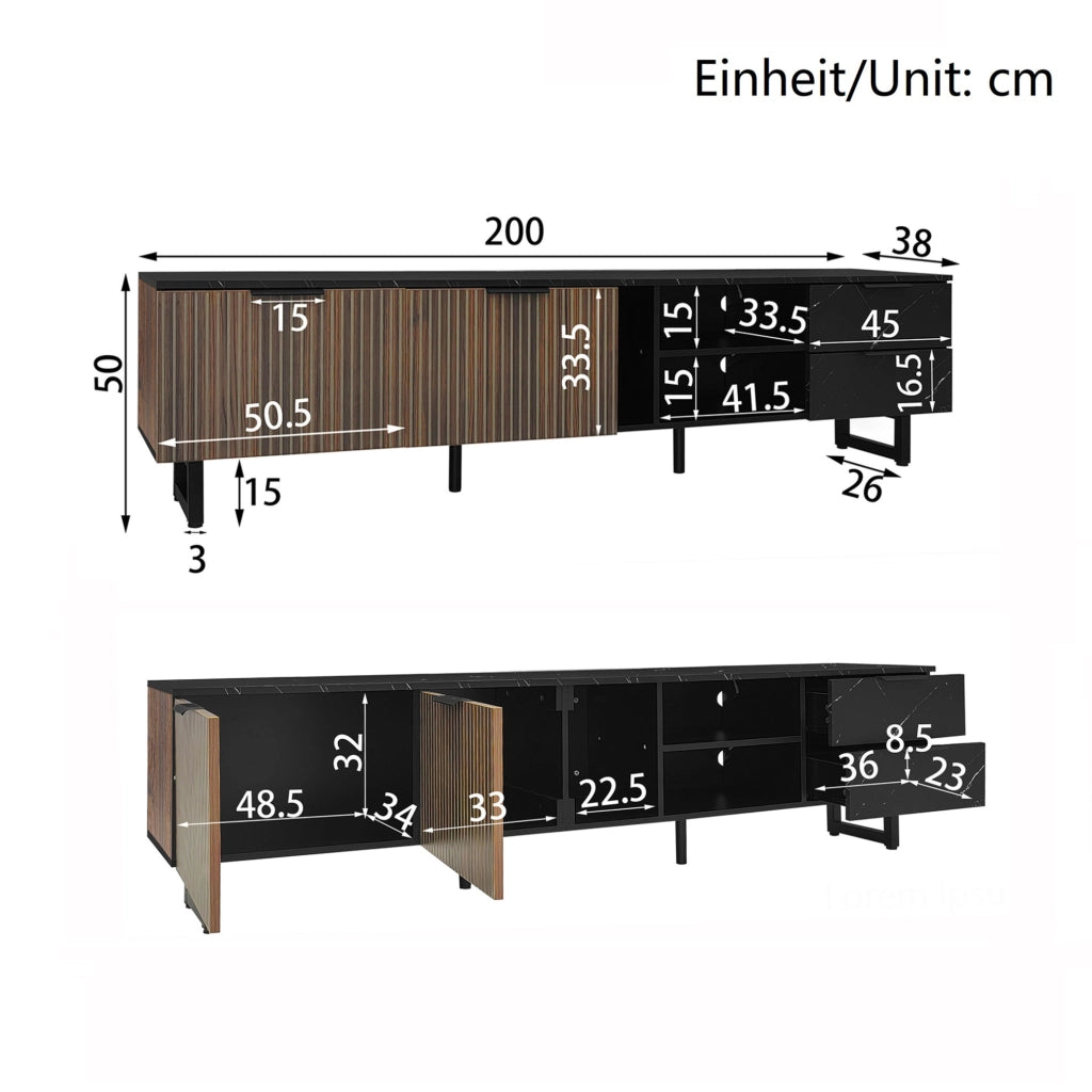 Mobile TV 200 cm in MDF nero effetto marmo; LED multicolore tramite app; 2 ante e 2 cassetti