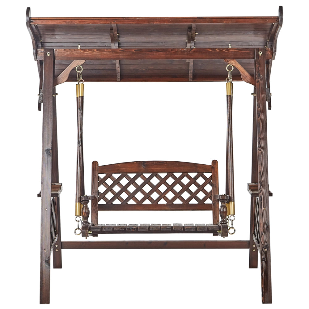 Dondolo da giardino in legno massiccio scuro con baldacchino stile tradizionale rustico