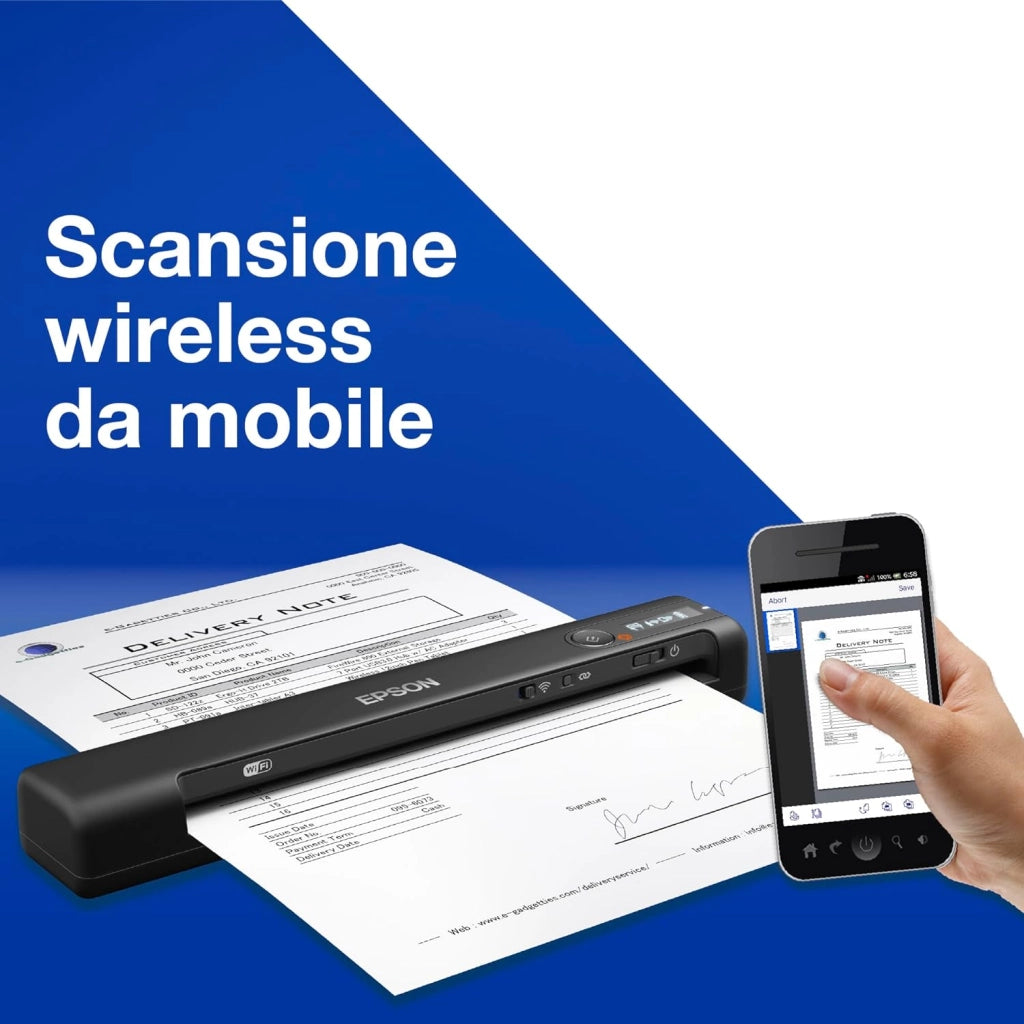 Epson WorkForce ES-60W Scanner Portatile Compatto, Wireless Wi-Fi Direct USB, pannello LCD, Scansione 600dpi, Alimentazione Automatica, Scansione 8,5 ppm, JPEG, PDF, TIFF Supportati, Software Incluso