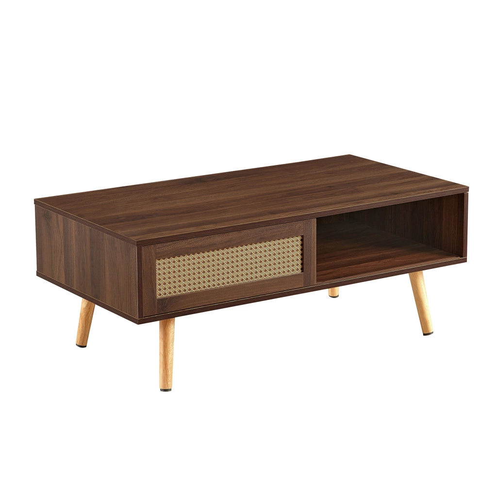 TAVOLINO DA SALOTTO 105x55x40 cm MDF Marrone con ante scorrevoli in rattan