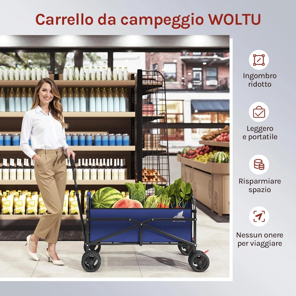 Carrello Pieghevole con 4 Ruote Doppie, Campeggio, Viaggio, Giardino, Spiaggia, Oxford+Metallo, Blu