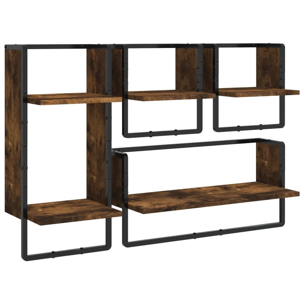 Set Mensole Parete con Aste 4pz Rovere Fumo Legno Multistrato 836310