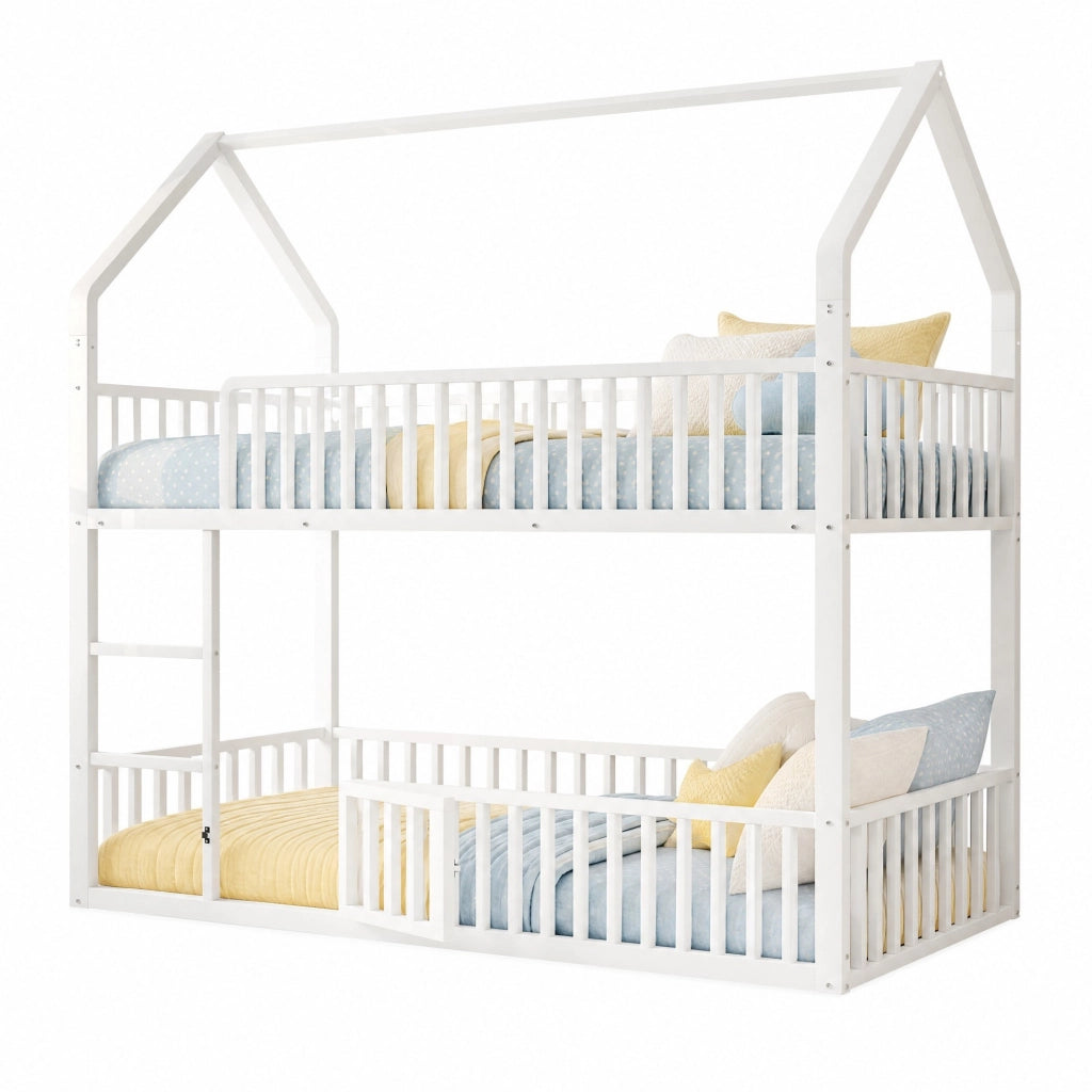 Letto a castello in metallo 90x200 cm bianco con scala frontale e porta apribile, design a casetta
