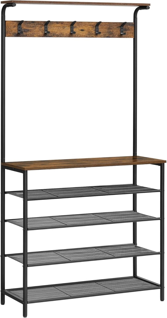 VASAGLE Appendiabiti, albero da ingresso con scarpiera, scarpiera a 5 piani di altezza diversa, 5 ganci doppi, ripiano superiore, dormitorio nel corridoio, industriale, rustico marrone e nero
