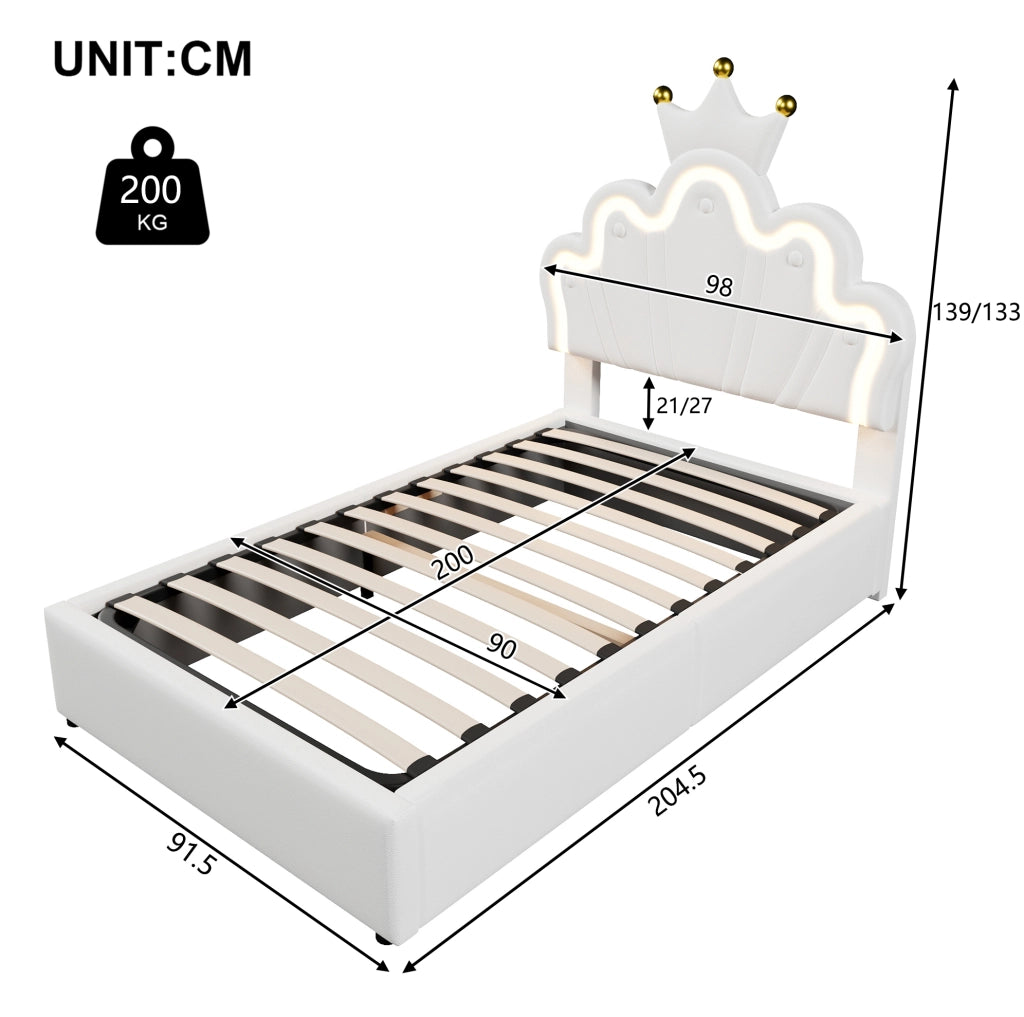 Letto imbottito 90x200 cm in PU bianco con LED; testiera regolabile e contenitore idraulico