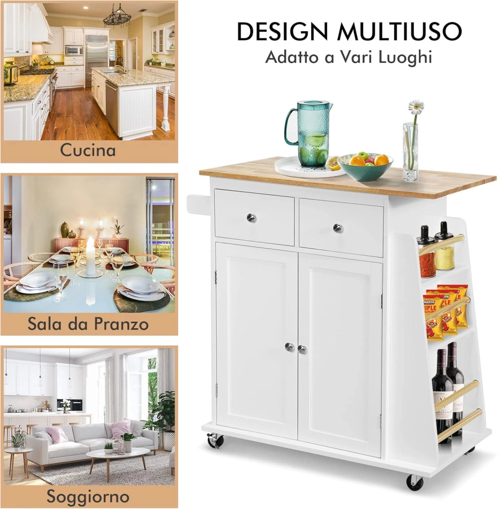 Carrello di Servizio Cucina con Ruote, 2 Cassetti e Portaspezie, Portasciugamani e 2 Porte, Ideale per Casa Ristorante e Bar, MDF + legno di gomma 88x45x89,5 cm (Bianco)