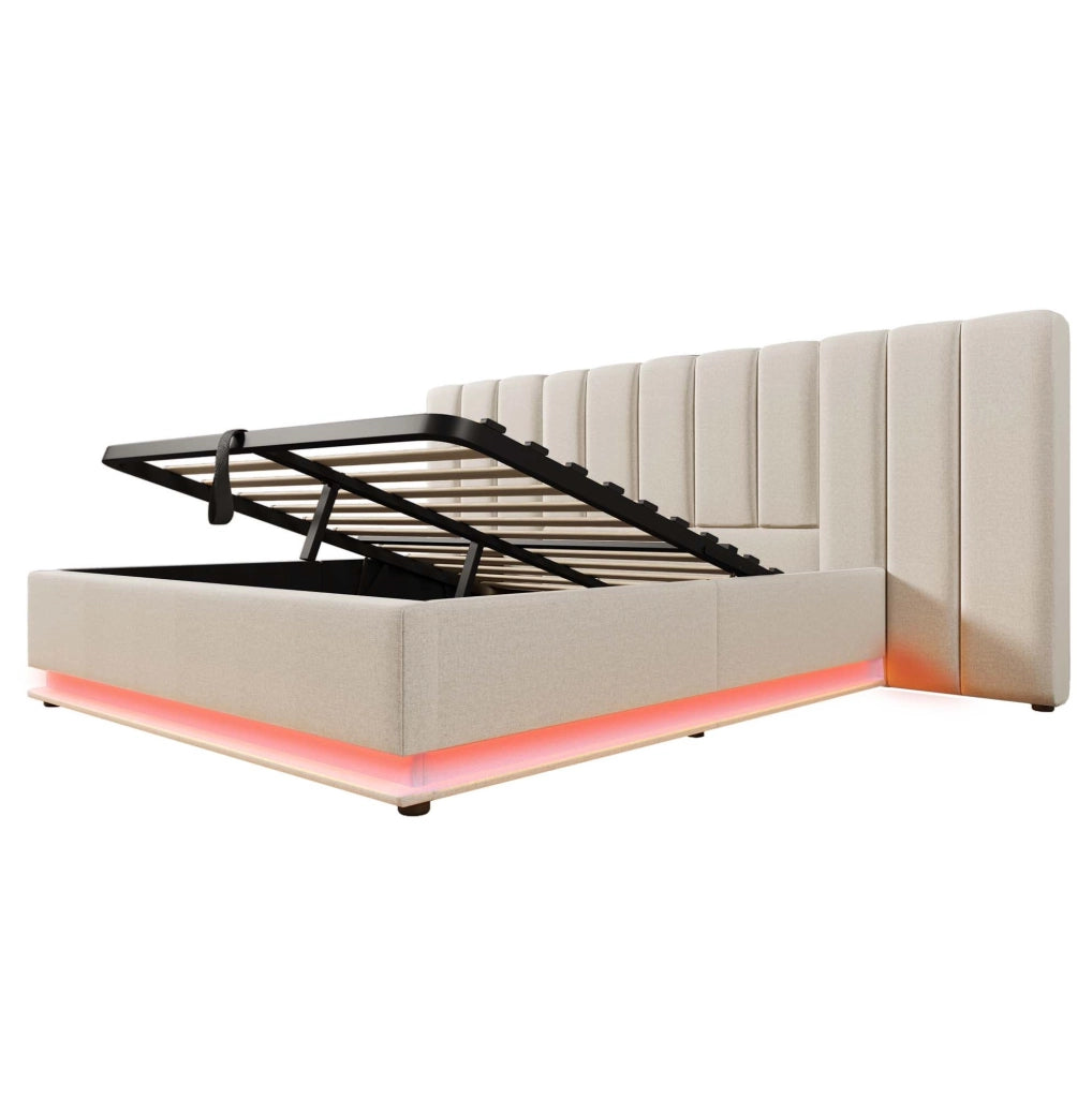 Letto contenitore 160 × 200 cm con LED; 3 USB e Type-C; lino beige