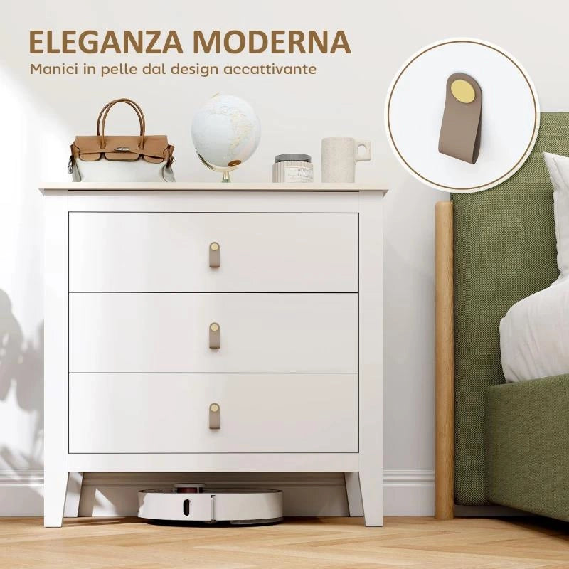 CASSETTIERA PER CAMERA DA LETTO A 3 CASSETTI CON MANIGLIE IN FINTA PELLE, 80X40X78.5 CM, BIANCO