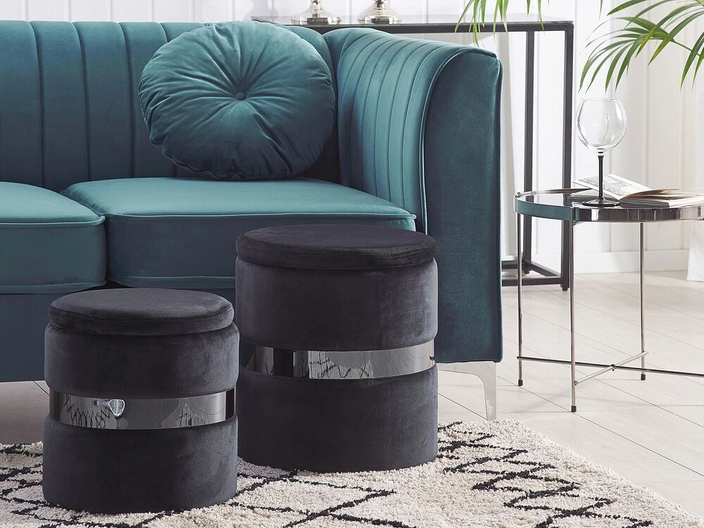 Set di 2 pouf contenitivi Poggiapiedi con rivestimento in velluto di poliestere Nero Stile Glam