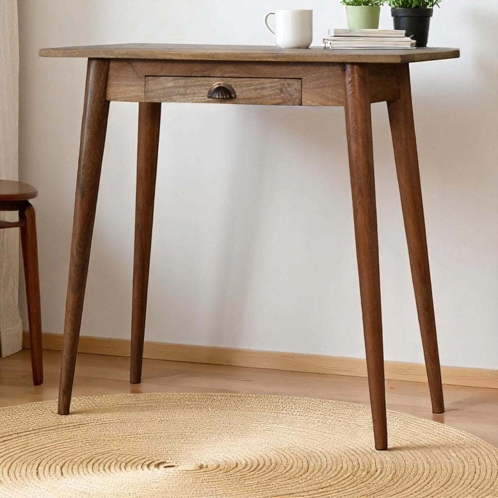 Scrivania mini in legno massello stile nordico, 1 cassetto, marrone ¨C mango wood, design PSK, artigianale, gi¨¤ montata