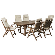 Set da giardino con 6 sedie in legno di acacia marrone scuro con cuscini tortora in stile rustico con cuscini